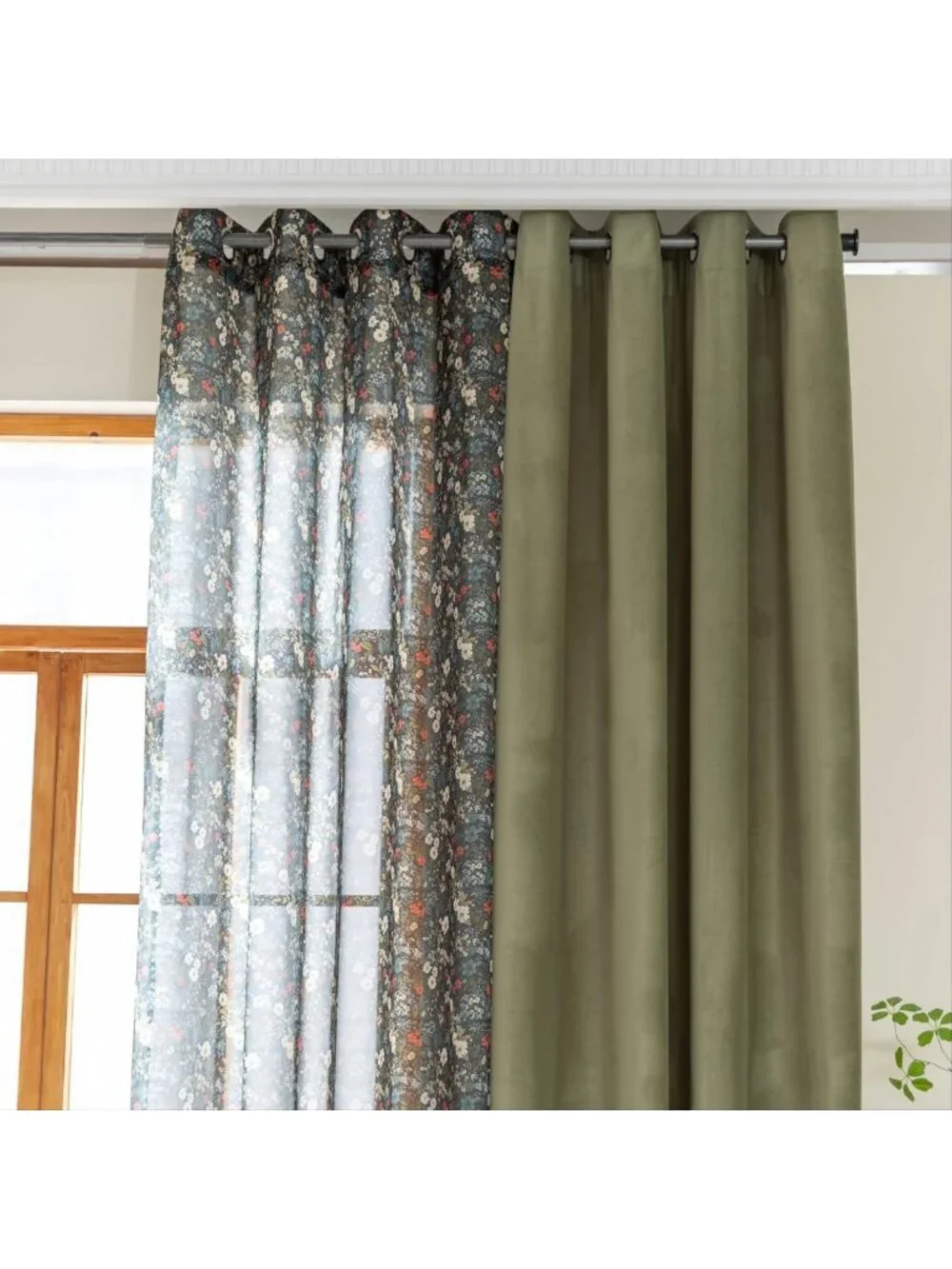 Floral & Velvet Mix Curtains Set - 4 Panels Grommet Drapes for Living